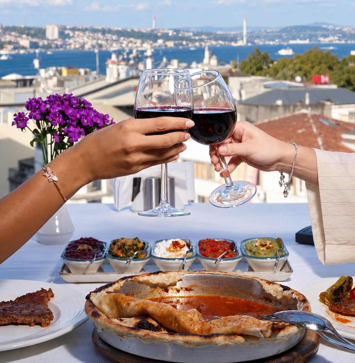 Two guests toasting with red wine over meze and pide on the Pino Gare terrace, the Bosphorus behind them
